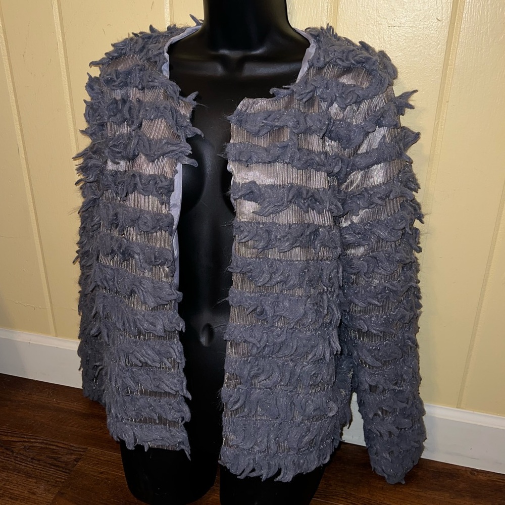 Gray Shaggy Boho Cozy Chic Long Sleeve Lined Open Front Sweater Jacket Size L - Picture 4 of 11